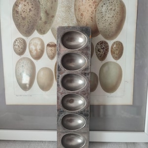 May include: A vintage metal egg mold with six oval-shaped cavities. The mold is made of dark metal and has a wooden frame.