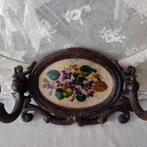 ANTIQUE fragment wooden coat rack rustic playful hook rail + hooks for hats cartouche tapestry embroidery flower picture vintage historicism
