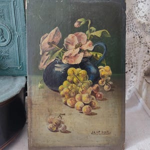 Antique small oil painting on wood Dutch still life fruit fruit picture brocante oil painting painting vintage oil painting country house country