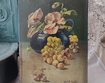 Antique small oil painting on wood Dutch still life fruit fruit picture brocante oil painting painting vintage oil painting country house country