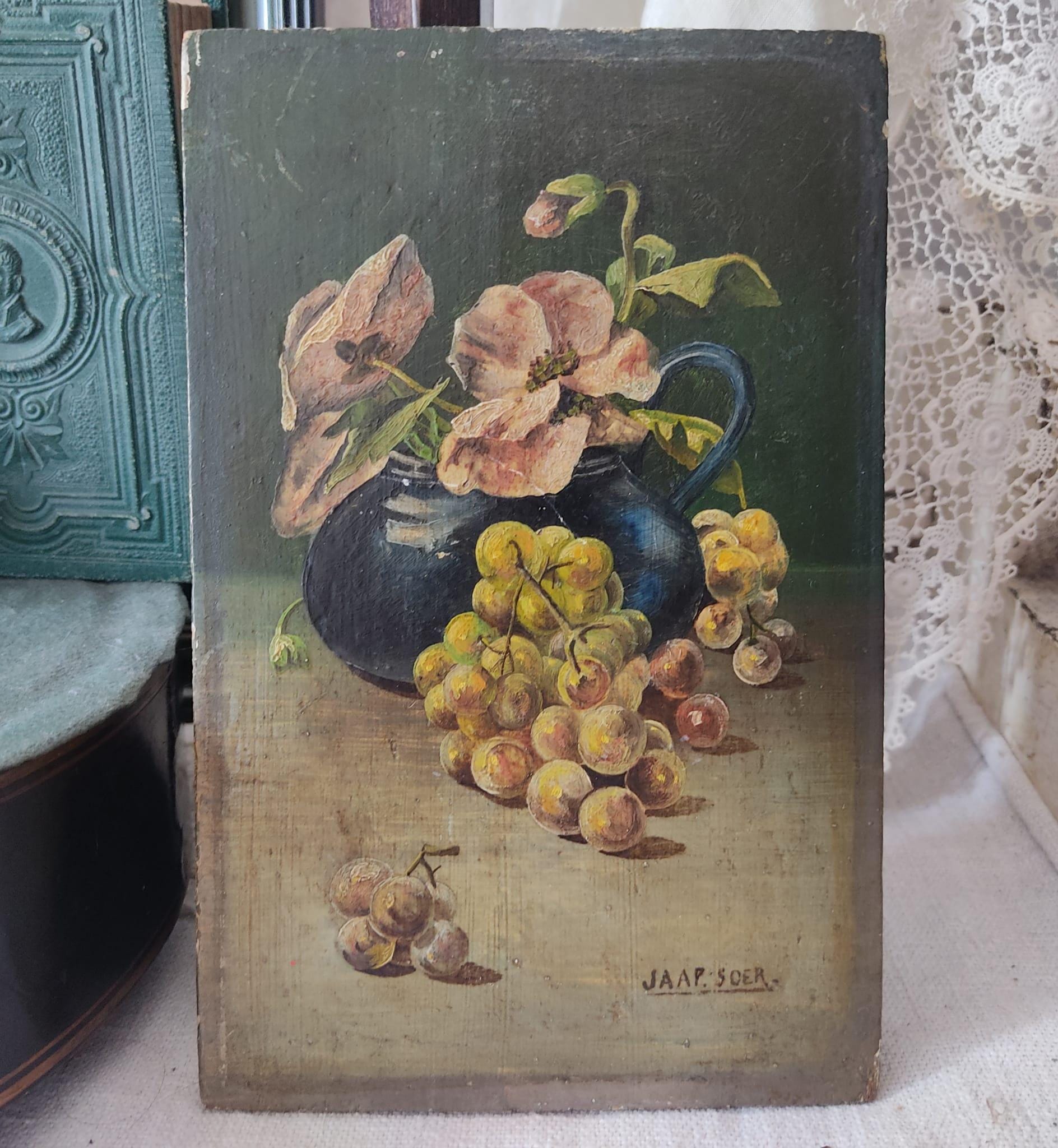 Antique small oil painting on wood, Dutch still life, fruit, picture, brocante, oil painting, vintage, country house