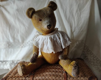 ANTIQUE well-loved large teddy bear, mother bear, truly loved, pointed snout, shoe button eyes, old vintage teddy bear, damaged, destroyed, brocante
