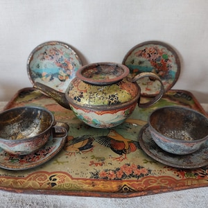 Antique tin toy tea service on tray Asian lithographed tea service miniature doll tableware Poor Condition shabby