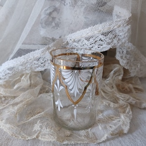 ANTIQUE glass octagon shape drinking glass enamel painting white vintage boudoir bohemian french shabby chic