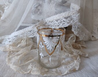 ANTIQUE glass octagon shape drinking glass enamel painting white vintage boudoir bohemian french shabby chic