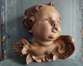 ANTIQUE Baroque angel chubby cheeked angel putto gold winged angel wooden angel carved handcrafted wood feel brocante patina vintage french shabby