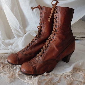 Antieke Victoriaanse leren veterlaarzen vintage brocante shabby chique patina laarzen enkellaarsjes oma veterlaarzen Edwardian JDL
