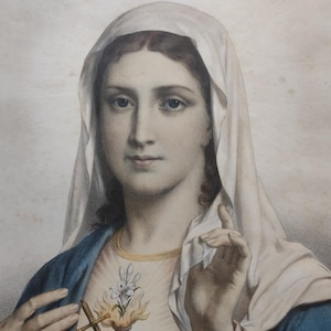 Antique French religious image art print St. COEUR de MARIE large lithograph colored L. Turgis & Fils Paris religious French shabby JDL