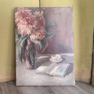 Vintage oil painting still life dahlias flower painting oil painting vintage antique flowers painting on canvas oil painting boudoir bohemian shabby chic