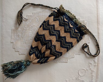 Antieke Pompadour-tas met kwastje, handgemaakt gehaakt tasje, boho-stijl, vintage Franse shabby chic brocante