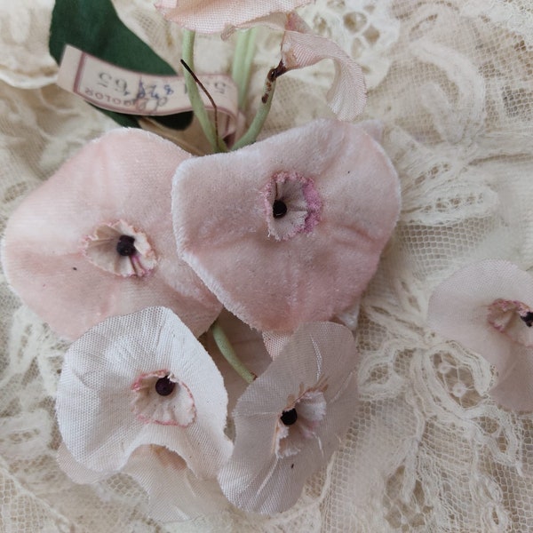 France antique magical vintage millinery bouquet flowers made of silk and velvet pale pink blushed faded rosé flower bouquet France