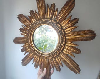ANTIQUE Vintage Mirror Florentine Golden Sunburst Sun Mirror Brocante Boudoir Bohemian Patina Wall Mirror Shabby Hollywood Regency Mirror