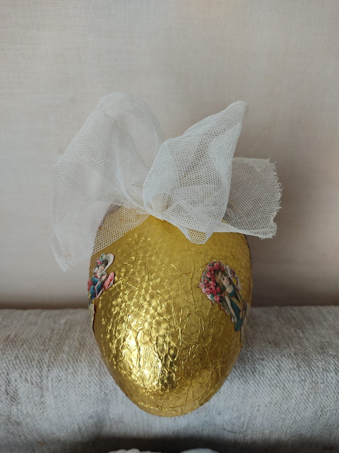 Vintage Egg Easter Egg Candy Container Cardboard Golden Egg Tin Foil