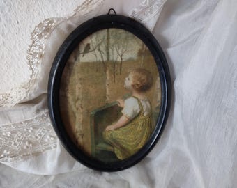 Nostalgisches Kinderbild *Frühlingslied* verblasster Druck in Original altem Holzrahmen oval antique framed print *Spring Song* shabby JDL