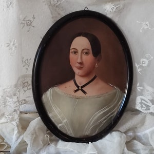 Antique painting Biedermeier portrait of a lady around 1820 oil painting gouache black oval frame vintage boudoir bohemian shabby chic JD
