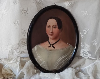 Antique painting Biedermeier portrait of a lady around 1820 oil painting gouache black oval frame vintage boudoir bohemian shabby chic JD