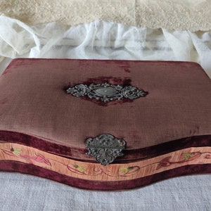Antique fabric box velvet box glove box jewelry box lidded box red vintage boudoir shabby