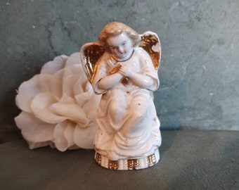 ANTIQUE small porcelain angel with gold accents praying angel with cross guardian angel bisque porcelain boudoir bohemian french shabby chic JDL