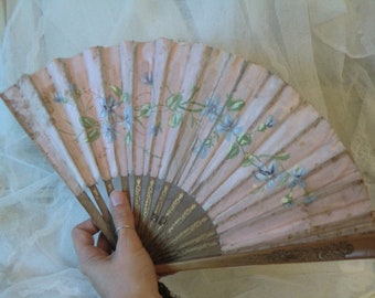 ANTIQUE hand-painted silk fan pastel pink fan floral violet decor boudoir bohemian french shabby chic