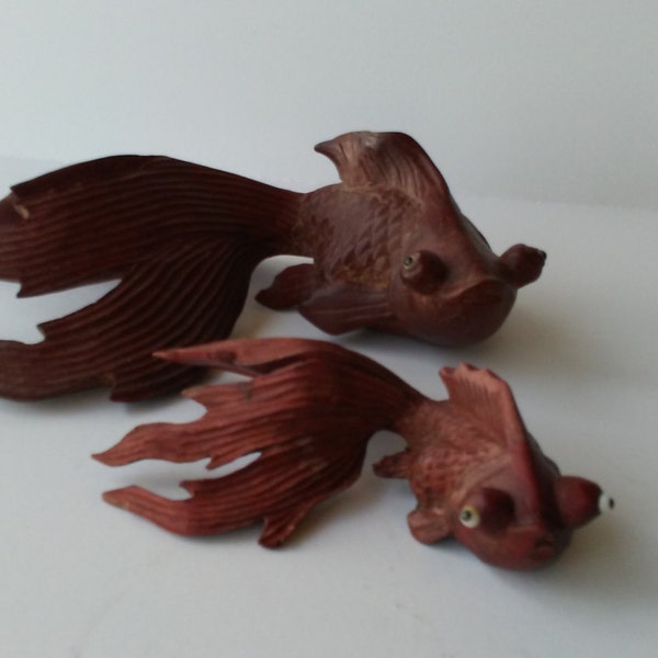 Koi Fish Handcarved Wood Koi Fish Vintage Wood Fish Pair of Koi Fish Red Koi Fish Figurines Gold Fish