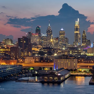 Philadelphia Sunset with moon: Philadelphia print, philadelphia art, Philadelphia Skyline, Philadelphia poster, Philly print, Philly Art
