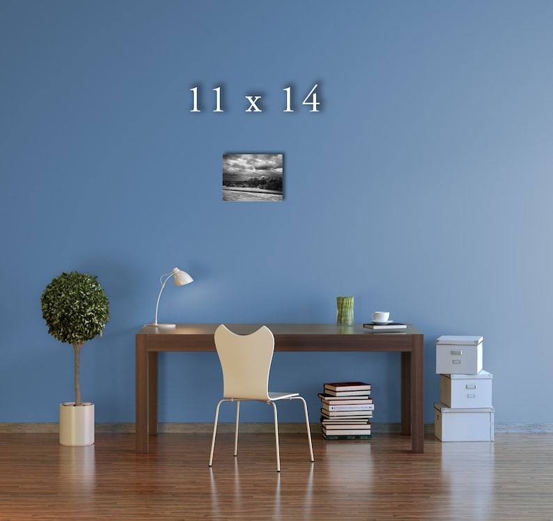 May include: A black and white photograph of a beach scene with a cloudy sky. The image is framed and hanging on a blue wall above a desk with a chair, a lamp, and a stack of books. The text "11 x 14" is printed above the image.