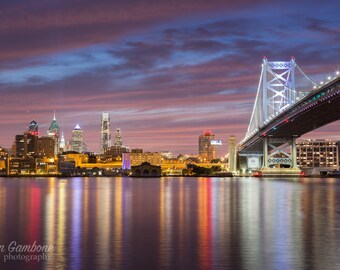 Philadelphia Sunset, Philadelphia Print, Philadelphia Wall Art, Cityscape,  City Skyline, bridge, Benjamin Franklin Bridge