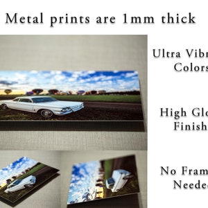 May include: A white vintage car with a blue sky and hot air balloons in the background. The car is on a metal print with a high gloss finish. The print is 1 mm thick and has ultra vibrant colors. No framing is needed.
