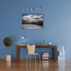 May include: A black and white photograph of a cityscape with a stormy sky. The photo is framed and hanging on a blue wall above a desk with a chair, a lamp, and a potted plant. The text "24 x 36" is printed above the photo.