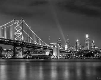 Philadelphia Skyline Print: Ben Franklin Bridge Black and White Canvas or Metal