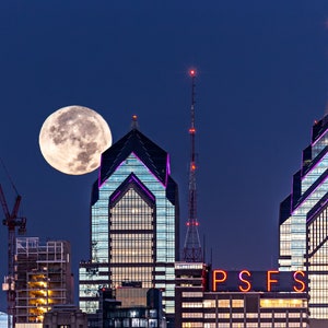 Hunters Moon setting over Philadelphia * Philadelphia print Philadelphia art Philadelphia Skyline Philadelphia poster Philly photo PSFS sign