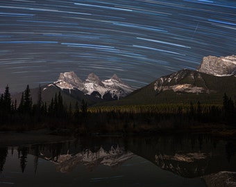 Three Sisters mountains star trail, Rocky Mountains, Icefields Parkway, Canadian Mountains, Banff Picture, Night photography