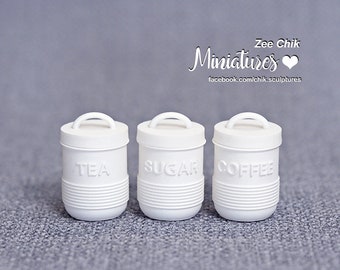 Miniature canister set ( Essentials round ) Tea, Sugar, Coffee Canisters 3pc Set With Lids scale 1:12 doll house decorations accessories