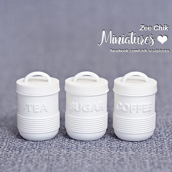 Miniature canister set ( Essentials round ) Tea, Sugar, Coffee Canisters 3pc Set With Lids scale 1:12 doll house decorations accessories