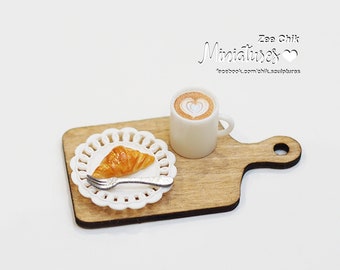 Miniature croissant and mug ( daisy ) scale 1:12 dollhouse decorations accessories