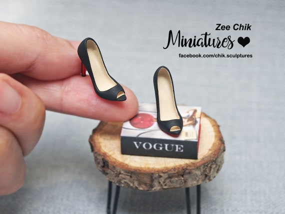 Miniature Christian Louboutin style peep toe black Matt high heel shoes Stilettos pumps scale 1:12 dollhouse accessories