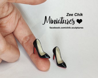 Miniature Christian Louboutin style black patent high heel shoes stilettos pumps scale 1:12 dollhouse accessories