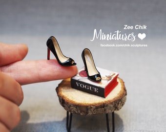 Miniature Christian Louboutin style peep toe black patent high heel shoes stilettos pumps scale 1:12 dollhouse accessories