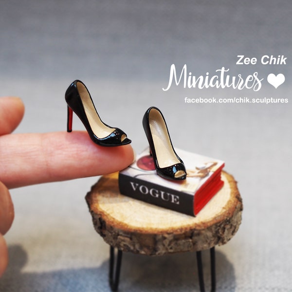 Miniature Christian Louboutin style peep toe black Patent high heel shoes stilettos pumps scale 1:12 dollhouse accessories