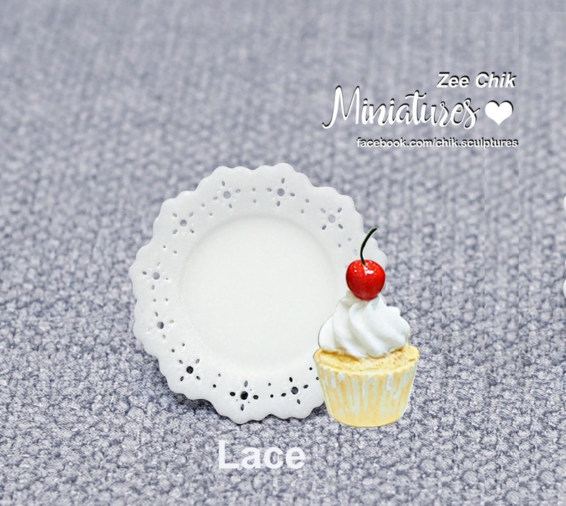 Miniature cup cake with plate and fork cherry / cake scale 1:12 dollhouse decorations accessories cherry ~ lace plate