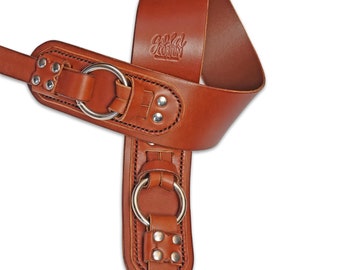 Leather Guitar Strap Handmade Custom Rock and Roll Western Buckle Brown Rivets Vault Slim Shoulder Pad