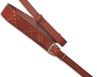 Leather Guitar Strap Handmade Custom Rock and Roll Western Buckle Brown Rivets