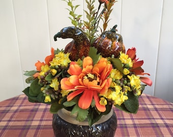 Silk Mini Yellow Mums with buds. Bright Orange Fall Flowers Rustic Burnt Orange And Brown AutumnVegetables. Brown Glazed Earthenware Vase