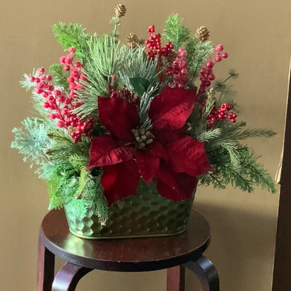 Faux Silk Artificial Christmas Arrangement. Red Poinsettia, Glittered  Purple Roses, Red Peonies, Pine Branches in A Green Metal Vase. 