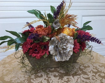 Fall  Rust And Gray Proneness. Crimson Mums Purple Mums And Accent stems. Autumn Fall Artificial Faux Design. Gold Wheat Gray Container Wood