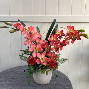Faux Design : Coral Cymbidium Orchid Arrangement, Tropical Floral Centerpiece