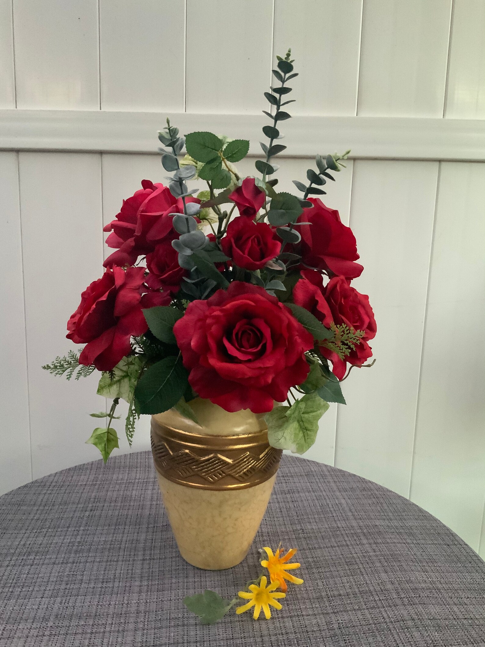 Silk Red Roses Arrangement With Greenery in a Warm Cream Vase With Gold