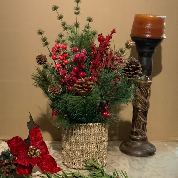 Artificial Silk Christmas Arrangement. Faux Pine Branches. Red Holly  Berries With Faux Accent Pine Cones. Natural Wicker Square Container. 