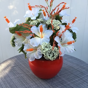 Faux Silk Arrangement White Hibiscus Orange Centers Patio Hibiscus Or Indoor Hibiscus Pale Green Accent Flowers Pottery
