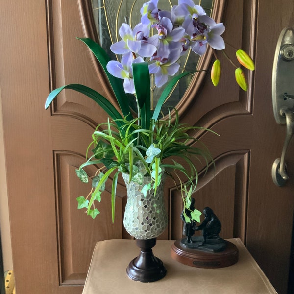 Faux Silk Lavender Orchid with Burgungy Hues Arrangement ,Grasses and Glass Rocks. Pearl Mosaic Vase